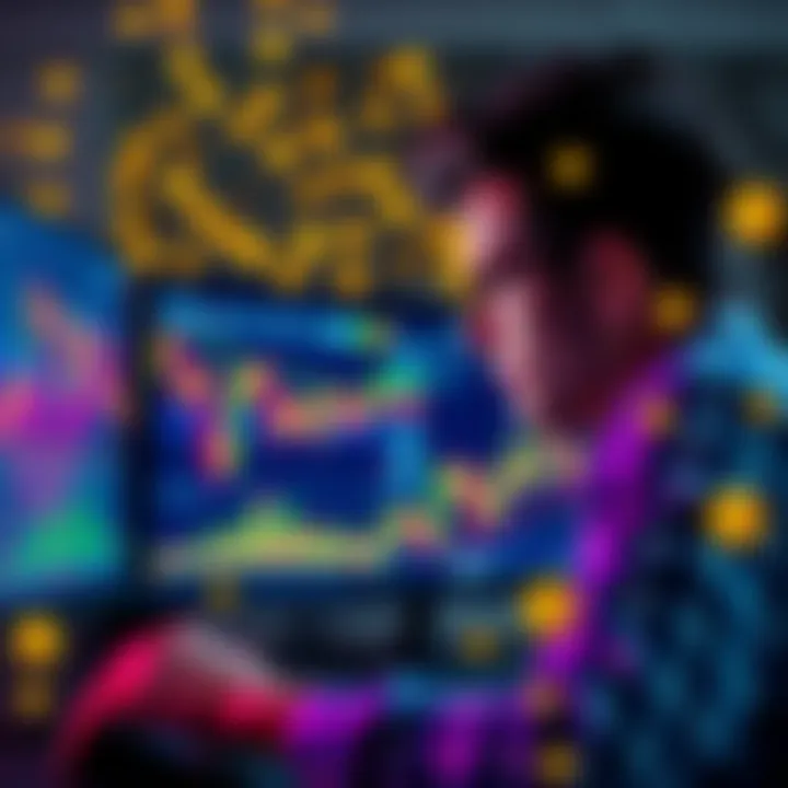 Crypto Trading Mindset A person analyzing charts on a computer screen, looking focused and determined while surrounded by cryptocurrency symbols.