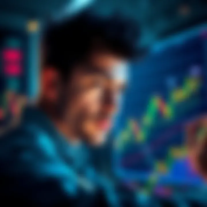 A trader looking at fluctuating crypto charts with a determined expression, symbolizing HODL commitment and emotional strength during market changes.