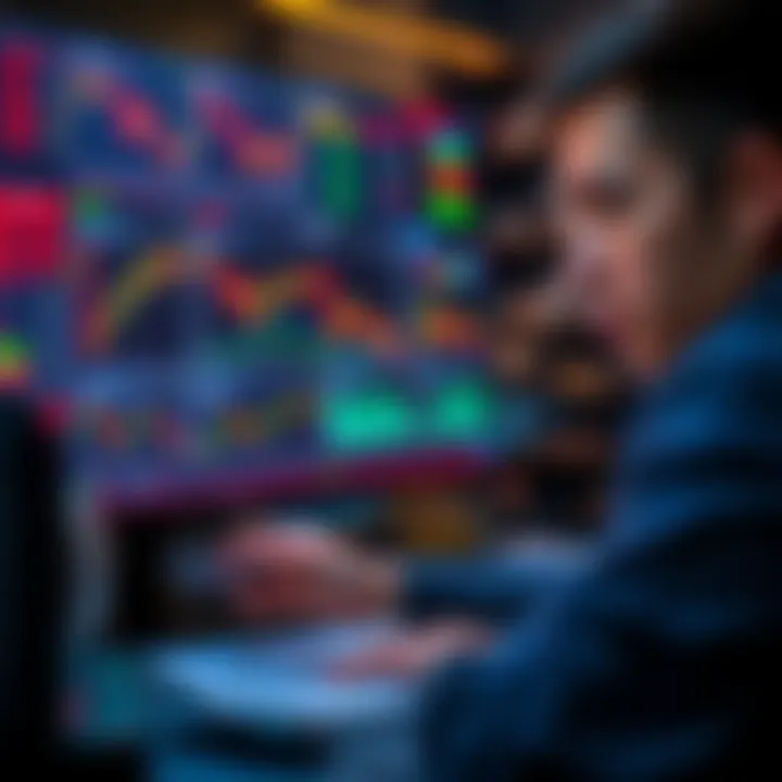 A trader using a digital scanner to track market movements on a computer screen filled with graphs and charts.