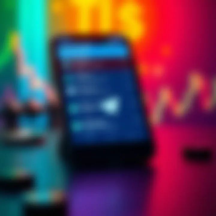 A smartphone displaying Telegram messages about crypto trading signals with charts and dollar signs in the background.