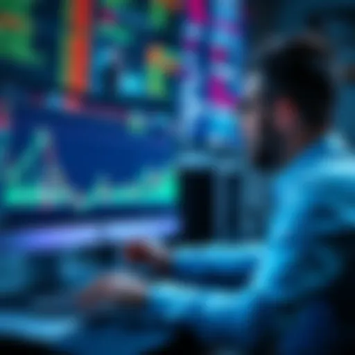 A trader analyzing crypto charts with graphs and numbers on a computer screen