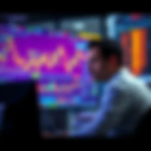 A trader analyzing cryptocurrency trends on a computer screen with graphs and charts in the background.