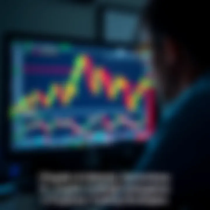 A person observing fluctuating crypto charts on a computer screen, showing green and red candlestick patterns, indicating market volatility.