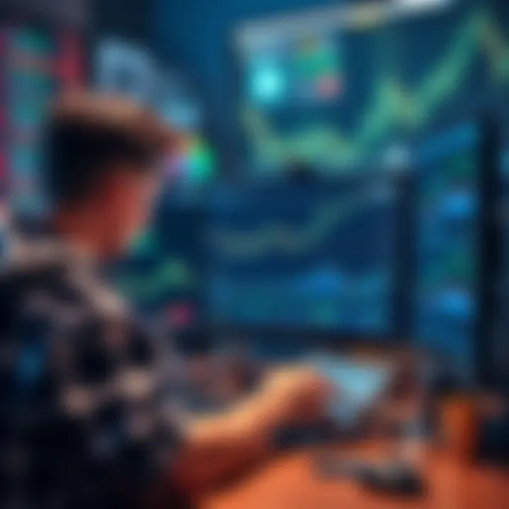 A trader analyzing charts and graphs on a computer screen, surrounded by cryptocurrency symbols and market trends.