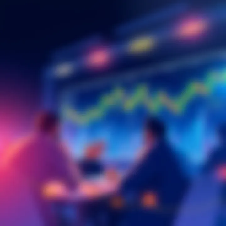 Crypto Trading Tips Illustration showing a person analyzing cryptocurrency charts and discussing trading strategies with community members