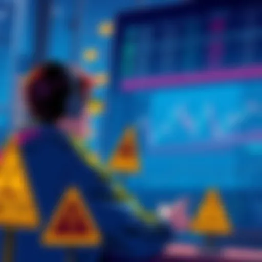An illustration showing a person analyzing cryptocurrency charts with caution signs nearby, symbolizing careful trading practices and awareness of scams.