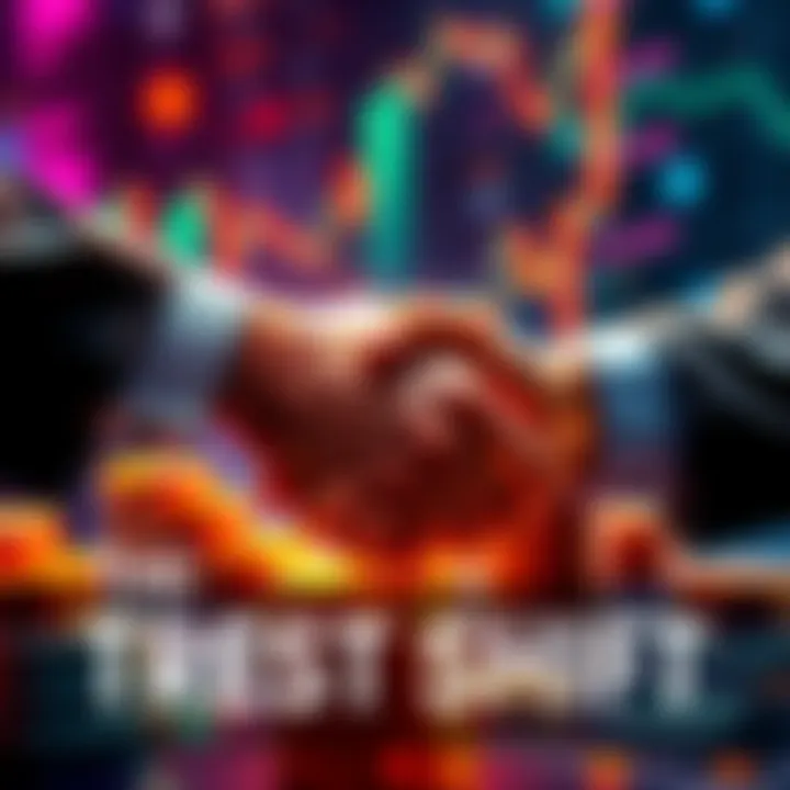 A visual representation of trust in cryptocurrency trading, featuring a handshake and digital coins.