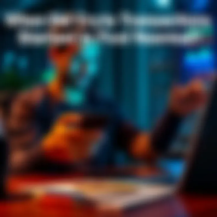 Person sitting at a desk, managing cryptocurrency transactions on a smartphone with a focused expression