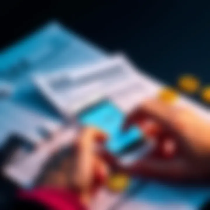 A person using a smartphone to buy cryptocurrencies, with tax documents nearby.