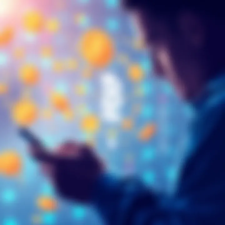 Crypto Transactions Illustration A person using a smartphone to make a cryptocurrency transaction, with digital coins and blockchain graphics in the background.