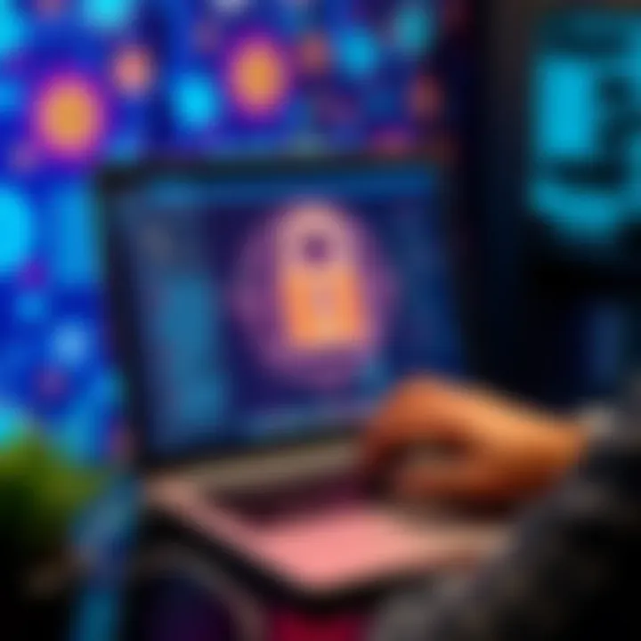 A person using a laptop with a lock symbol on the screen, symbolizing secure cryptocurrency transactions, with digital currency icons in the background.