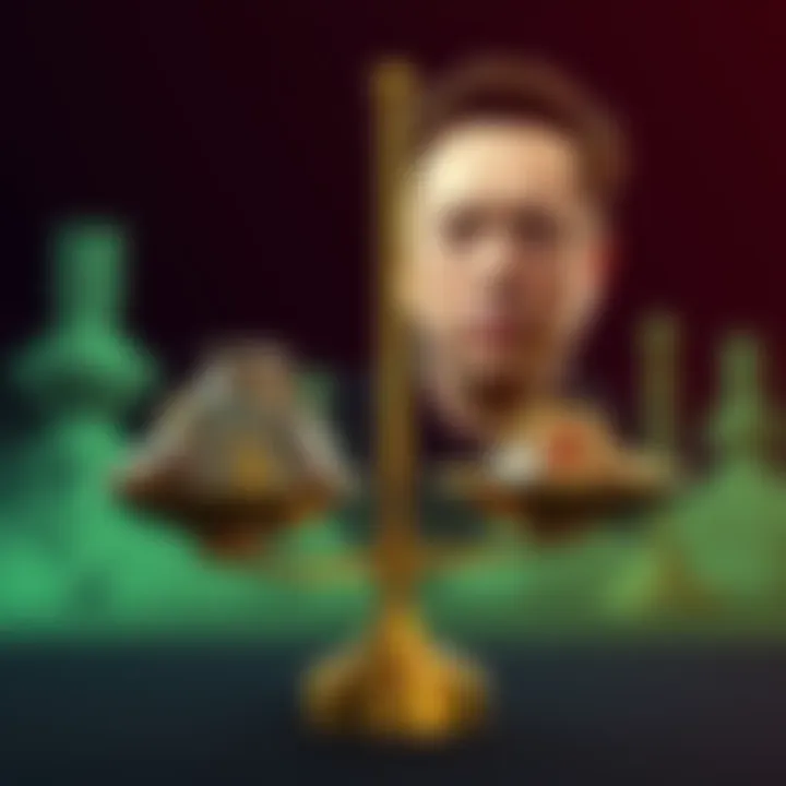 A graphic showing a scale balancing a pile of cryptocurrencies on one side and a portrait of Elon Musk on the other side, symbolizing their valuation comparison.
