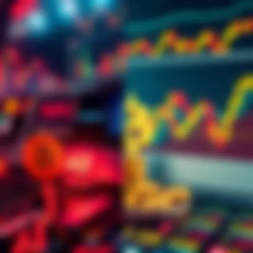 A split image showing a digital currency symbol on one side and traditional assets like gold and stock market graphs on the other side.