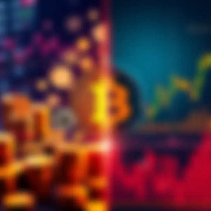 A graphic showing a split view of cryptocurrency symbols on one side and traditional stock market graphs on the other, depicting contrasting financial opinions in 2026.