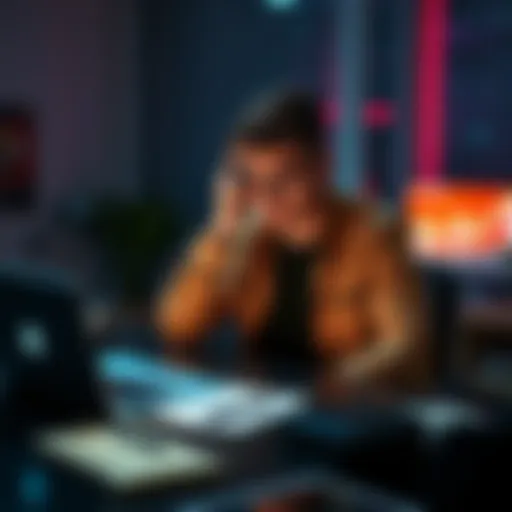 A person sitting at a desk, puzzled while checking a cryptocurrency wallet on a laptop, with a notepad and pen nearby