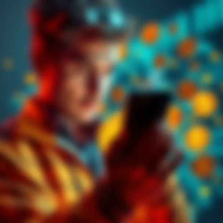 A person examining a digital wallet on a phone with cryptocurrency symbols around