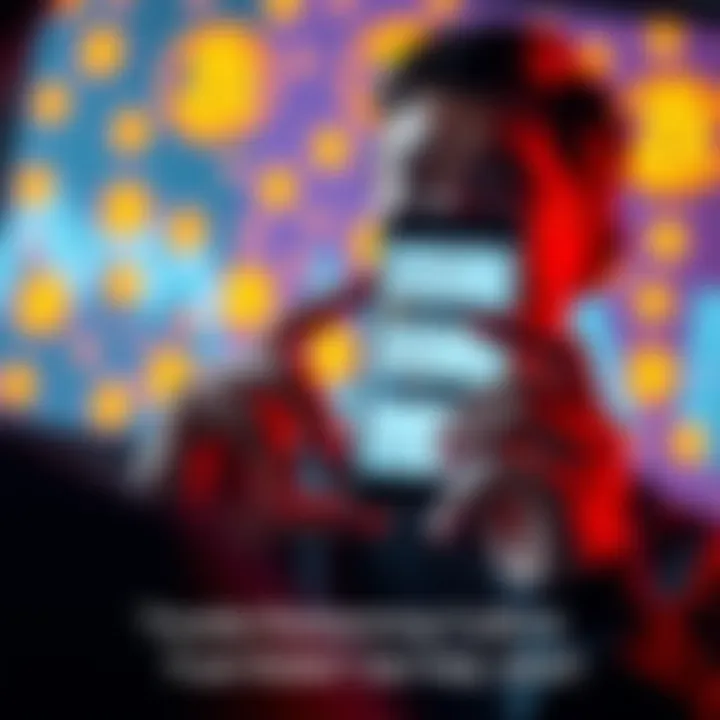 A person looking at a smartphone displaying a crypto transfer screen, looking puzzled, with cryptocurrency symbols in the background