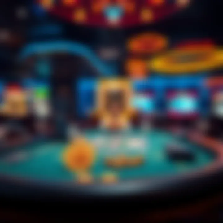A casino scene showing a poker table and cryptocurrency symbols like Bitcoin, representing online gambling and crypto transactions.