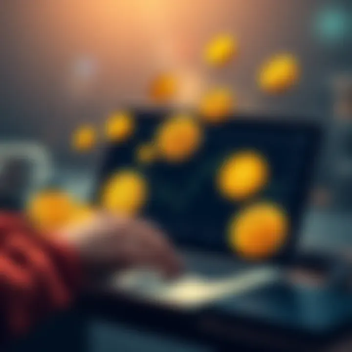 Crypto Yield Journey A person analyzing multiple cryptocurrency chains on a laptop, with coins representing different chains around them.