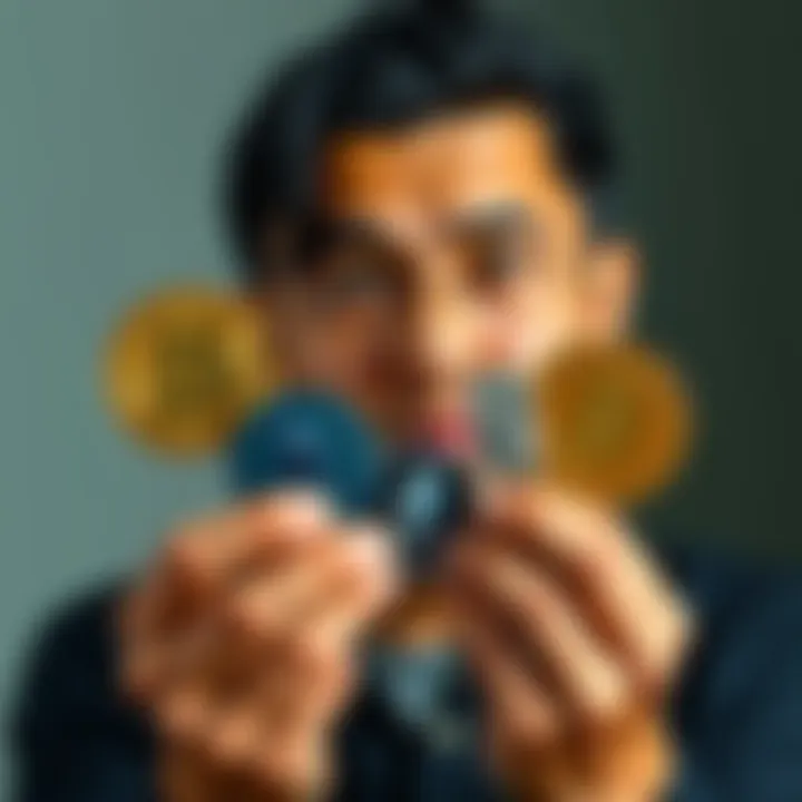 A person holding different cryptocurrencies like Bitcoin, Ethereum, and Solana with a thoughtful expression, contemplating their future value.