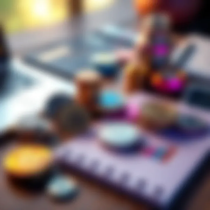 Assorted cryptocurrencies on a wooden table with a laptop and notepad