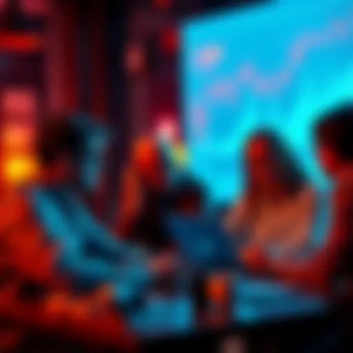 A group of people discussing cryptocurrency with laptops and charts
