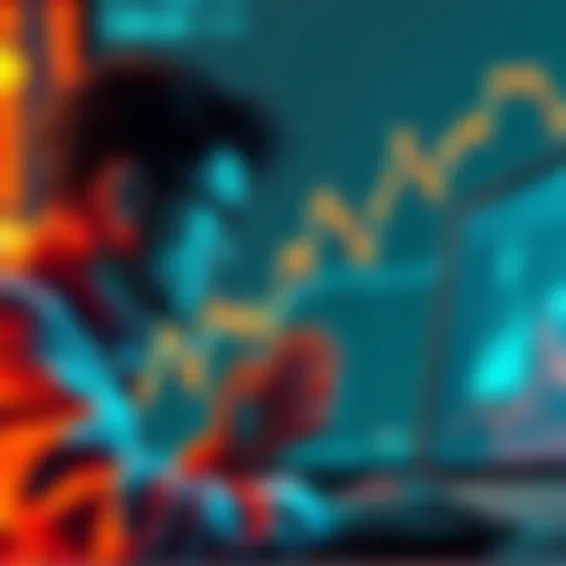 A graph showing falling cryptocurrency prices with a worried investor looking at a computer screen.