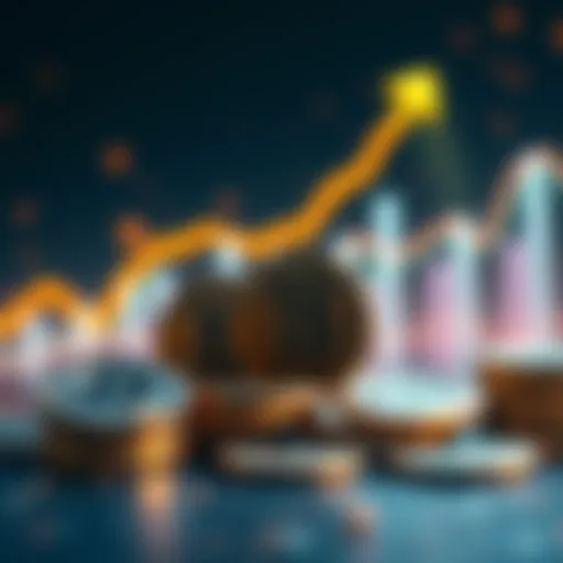 A visual representation of cryptocurrency coins rising with an upward trend graph in the background