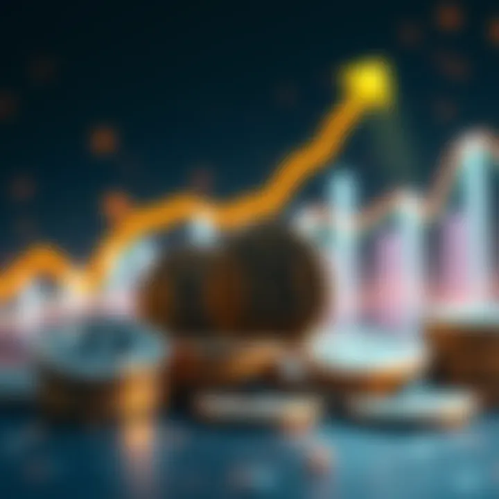 A visual representation of cryptocurrency coins rising with an upward trend graph in the background