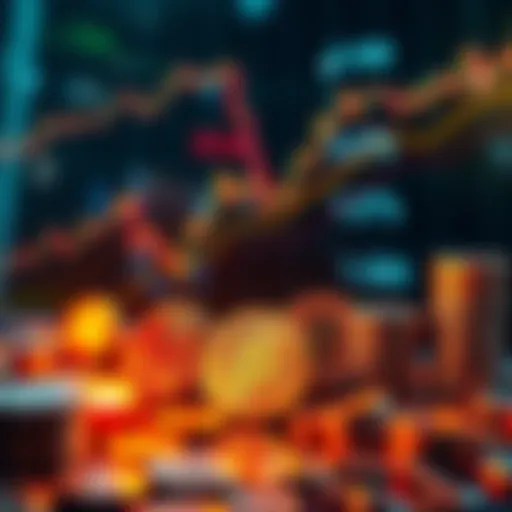 A graphic showing upward trends in cryptocurrency with coins and market symbols.