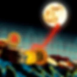 Visual representation of Bitcoin and other cryptocurrencies rising in value, showcasing an upward trend on a graph with a moon in the background.
