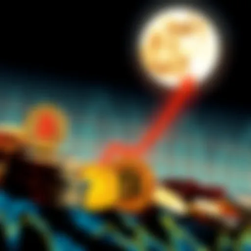 Visual representation of Bitcoin and other cryptocurrencies rising in value, showcasing an upward trend on a graph with a moon in the background.