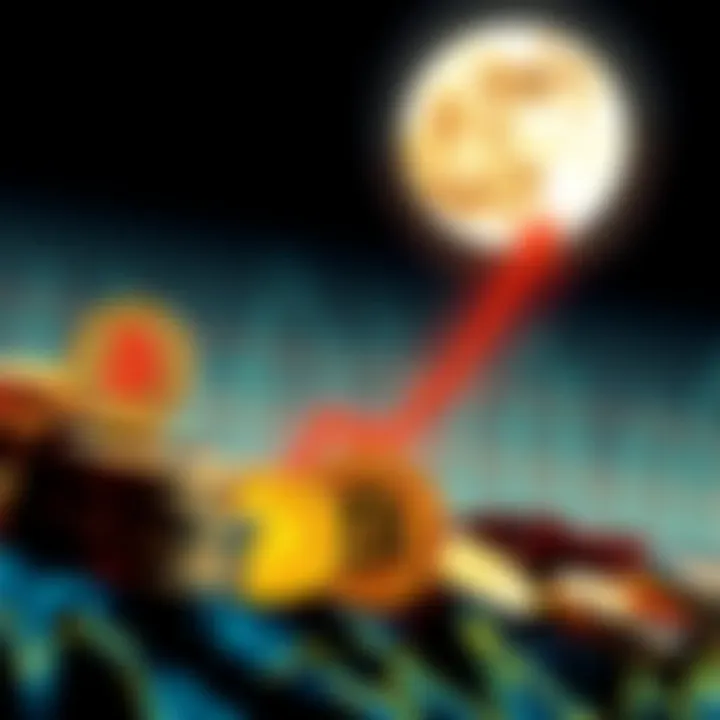 Visual representation of Bitcoin and other cryptocurrencies rising in value, showcasing an upward trend on a graph with a moon in the background.