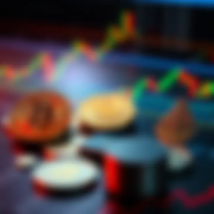 A digital representation of various cryptocurrencies like Bitcoin and Ethereum with a financial graph in the background