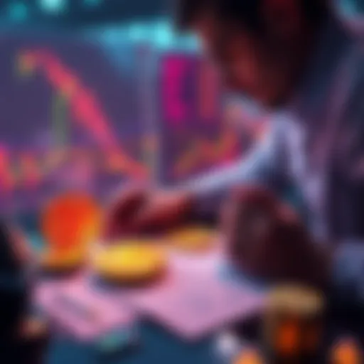 A person analyzing cryptocurrency graphs and tax documents, with Bitcoin and Ethereum symbols nearby.