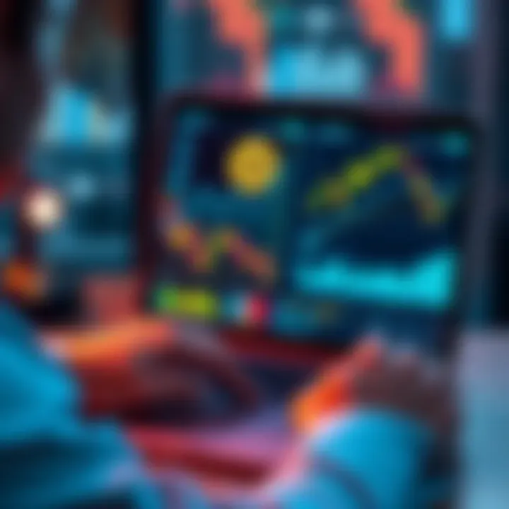 A person analyzing cryptocurrency trends on a laptop with charts and graphs displayed, representing investment strategies.