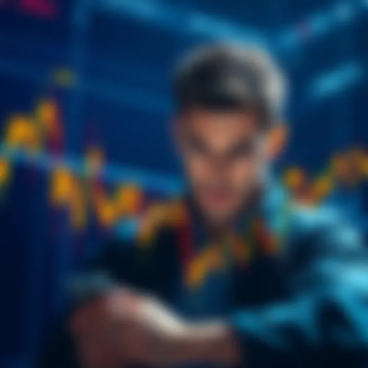 Cryptocurrency Market Analysis A graph showing fluctuating cryptocurrency prices with a worried trader in the background.