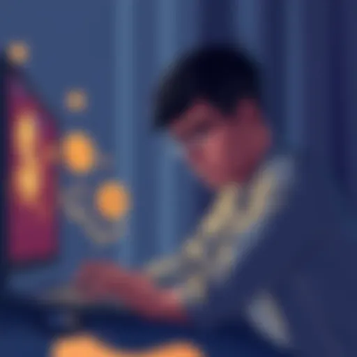 Illustration showing a person looking worried over a computer with cryptocurrency symbols and a graph showing a price drop, representing capital loss after a rug pull.