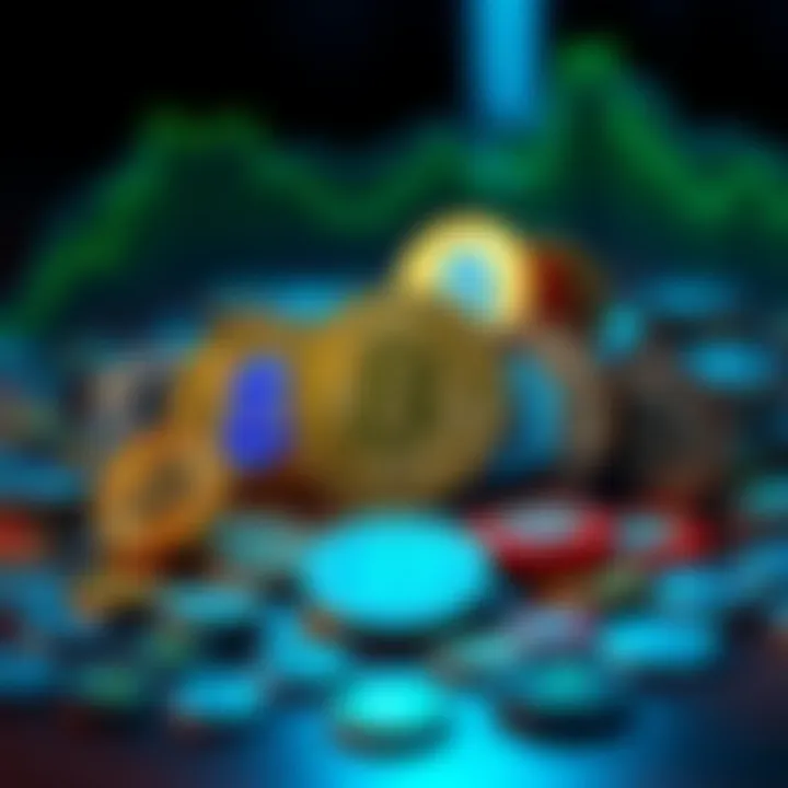 Various symbols of cryptocurrency surrounded by physical coins on a table