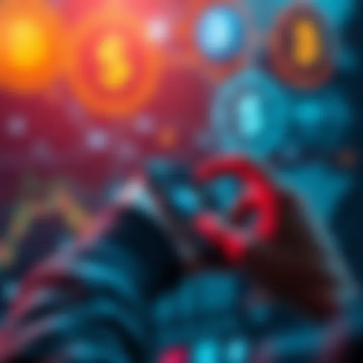 A person using a smartphone to send money internationally through cryptocurrency, with graphics of digital coins in the background.