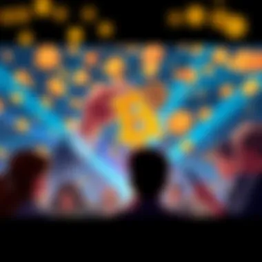 Cryptocurrency and Wealth A visual of wealthy individuals manipulating cryptocurrency symbols, with a contrast of hopeful young people looking at screens, symbolizing deception and false hopes.