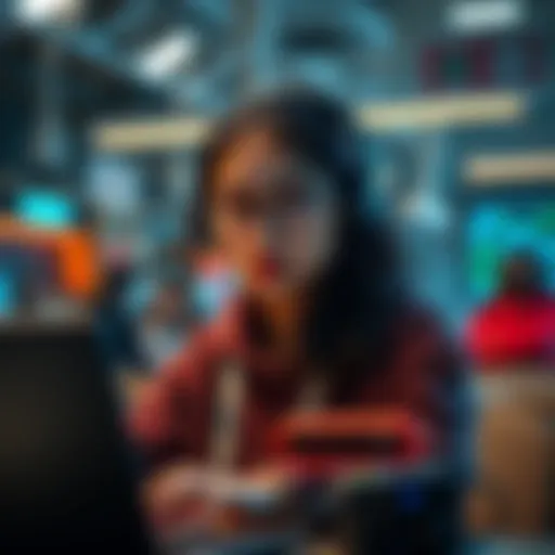 A young woman in a university setting looking for teammates for a hackathon, surrounded by laptops and tech tools.