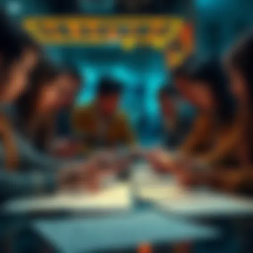 A group of people focused on their phones and tablets, overlooking financial documents about Ponzi tokens on a table.