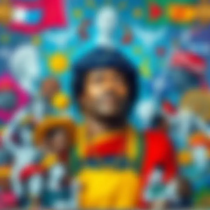 A vibrant mural depicting a cultural legend surrounded by symbols of their contributions, celebrating their impact on society.