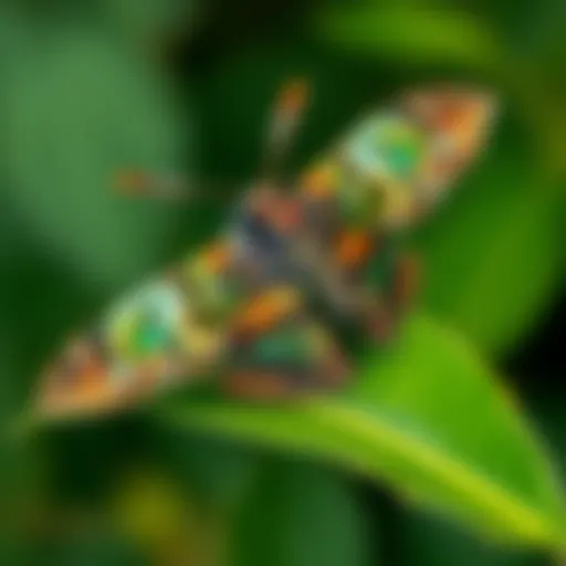 A close-up of a colorful moth resting on a leaf, showcasing its unique markings and features, with a blurred background of greenery.