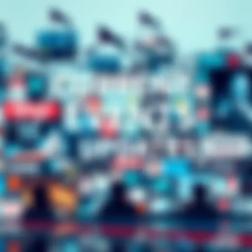 A collage of news headlines and symbols representing various ongoing events and trends.