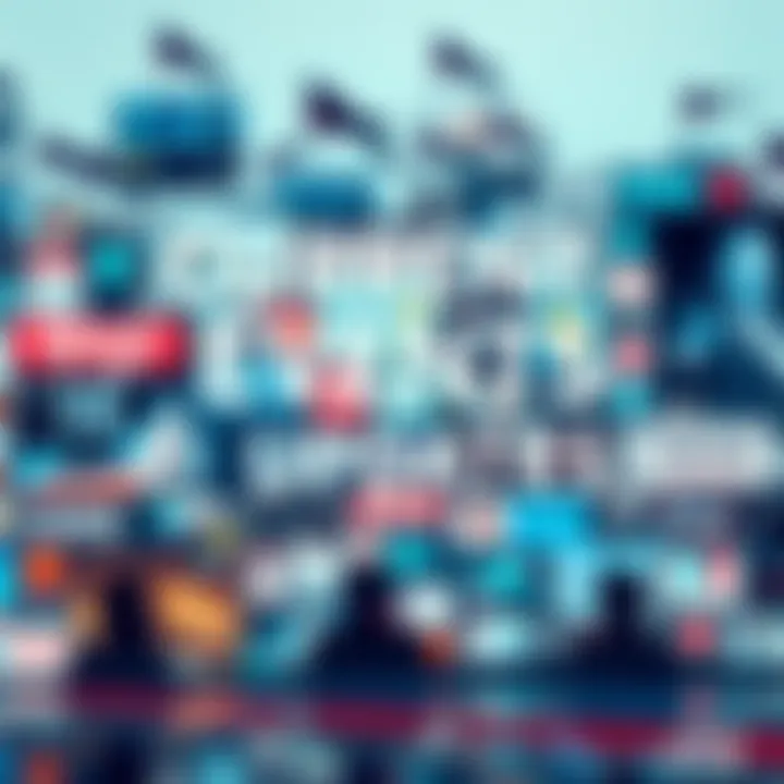 A collage of news headlines and symbols representing various ongoing events and trends.