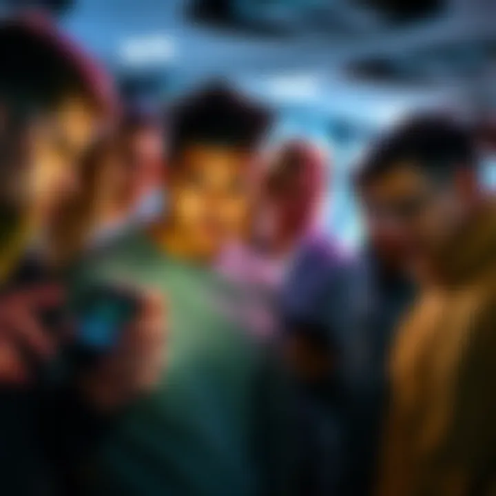 Group of people expressing dissatisfaction while reviewing card designs on a smartphone app