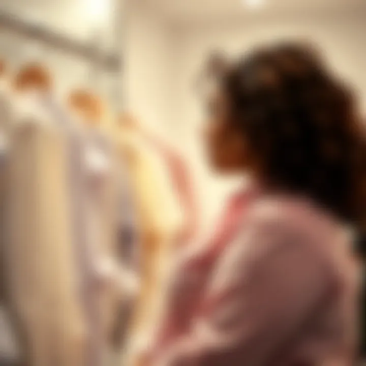 Curvy woman trying on button-up shirts A curvy woman in a dressing room looking at herself in the mirror while trying on various button-up shirts