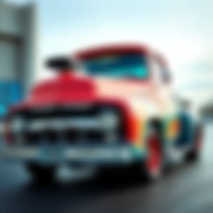 A striking 1956 Ford panel truck with a vibrant exterior, showcasing custom hand-painted murals and a powerful engine. The truck is parked, highlighting its unique grill and Hurst shifter, ready for a...